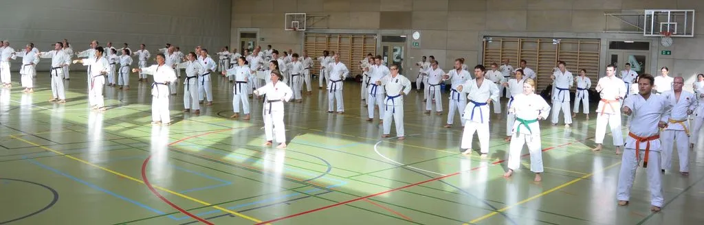 Menschen machen Karate in Sporthalle.
