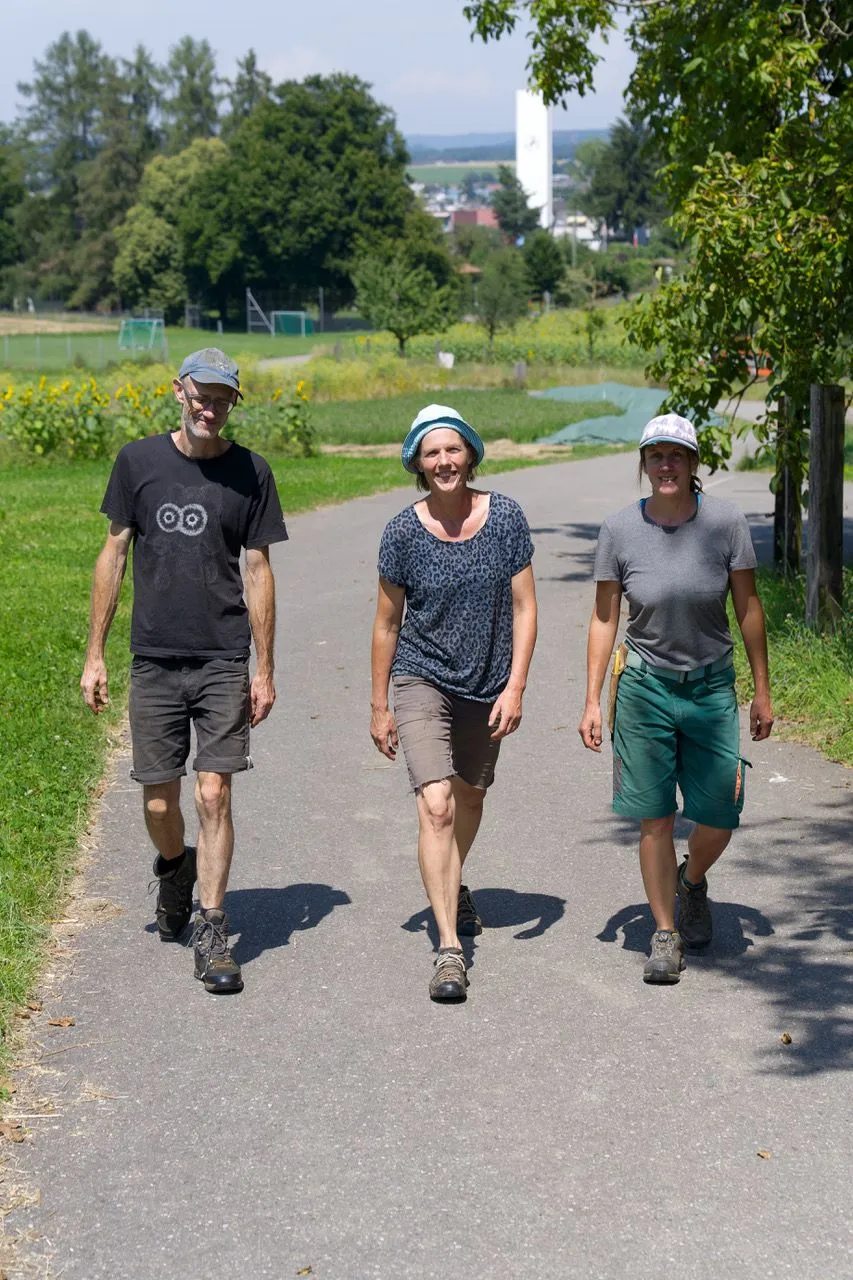 Drei Personen auf einem Feldweg in der Sonne.