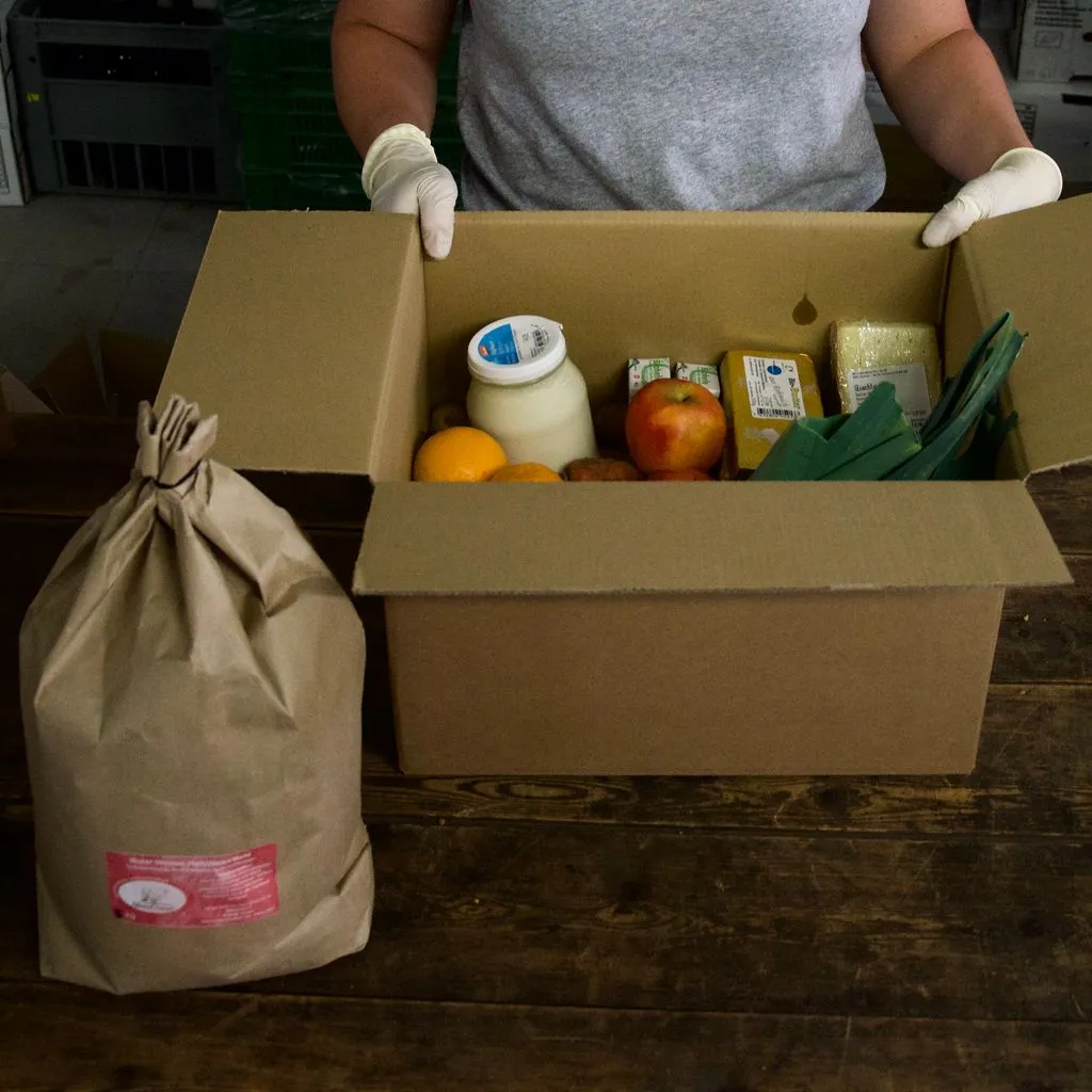 Eine Kartonkiste voller Lebensmittel.