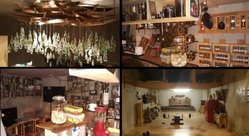 Ein Raum voller Kunstobjekte, Lichtinstallationen und Fitnessequipment.