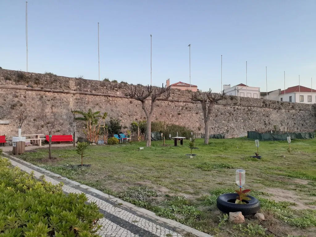 Palme, Stühle und Bänke auf Wiese vor alter Stadtmauer