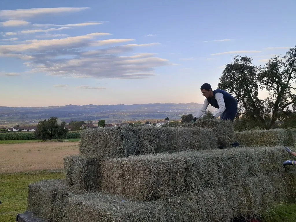 Mann stapelt Heuballen auf Feld bei Sonnenuntergang