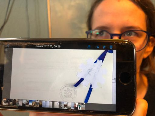 Frau zeigt einen amtlichen Stempel auf ihrem Smartphone